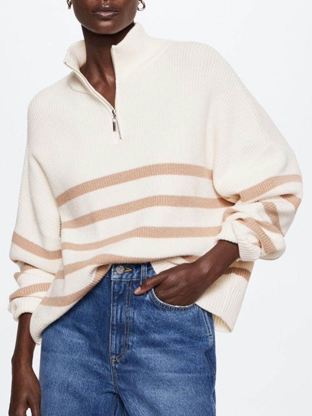 Mango Striped Sweater with Zipper